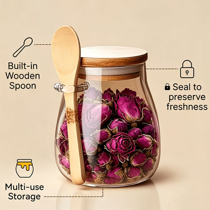 Glass Storage Jar with Spoon, Single Sealed Kitchen Canister in 350ml, 600ml or 1000ml Options for Coffee, Sugar, Tea, Salt, Candy and Spice Organization