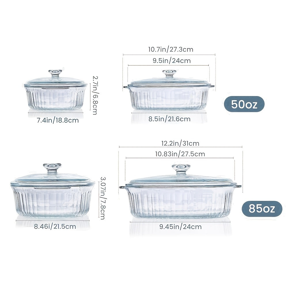 Oval Glass Baking Dish with Lid in 50oz or 85oz Sizes, Deep Transparent Borosilicate Cookware for Pasta, Casseroles, Chicken and Holiday Desserts