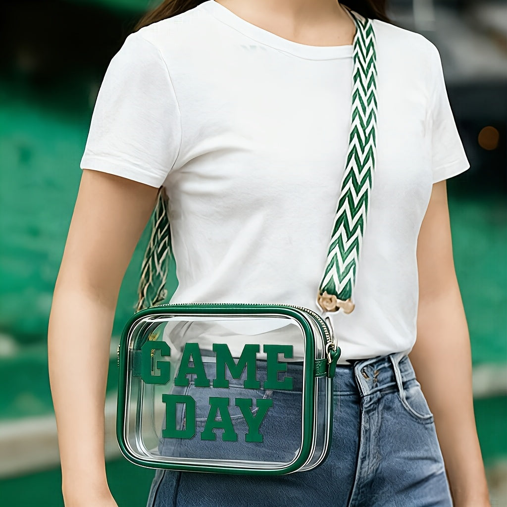 Game Day Clear Purse with Listed Letter Patches and Crossbody Carry Style, Green, Blue, Black, Red or Orange Options for Football Outfits and Concert Plans