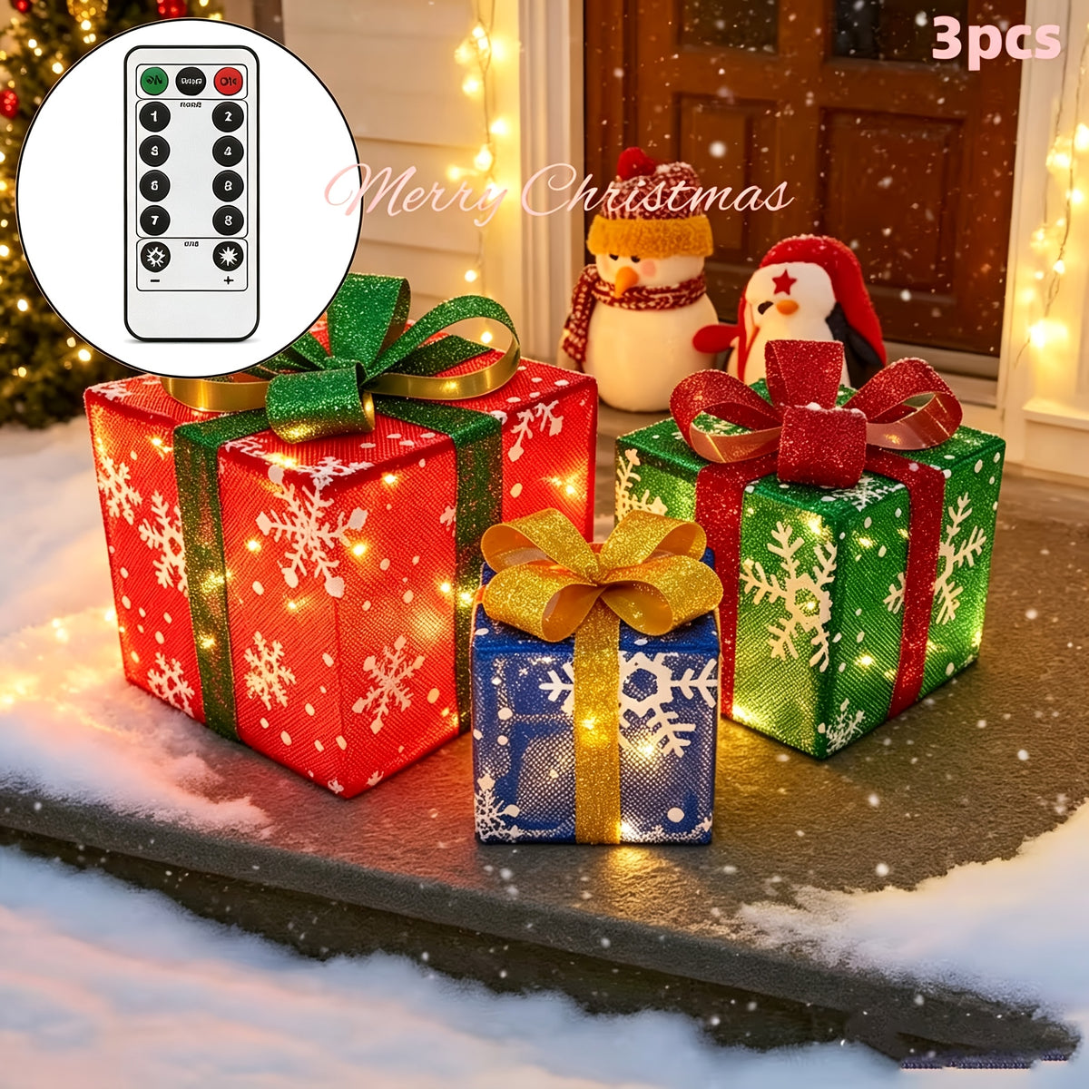 Christmas Gift Box Lights, 3-Pack 75-LED Warm Holiday Decoration with Remote Control, Timer and 8 Lighting Modes for Indoor and Outdoor Displays