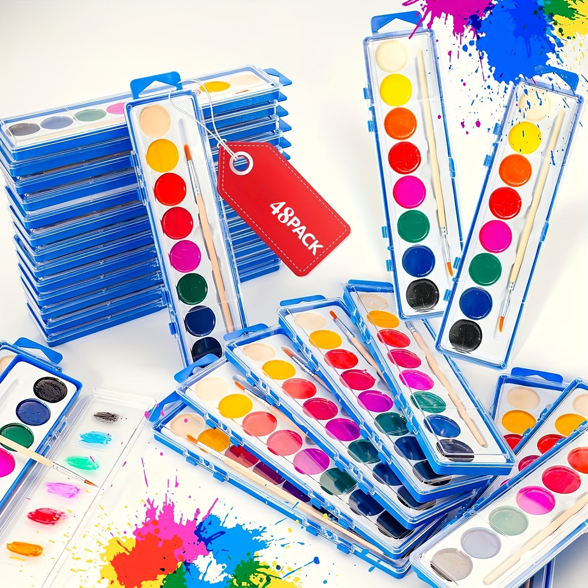 Bulk Watercolor Paint Set with Eight Listed Colors and Paintbrushes, 24pcs, 36pcs or 48pcs Options for Group Art Lessons, Painting Parties and Creative Favors