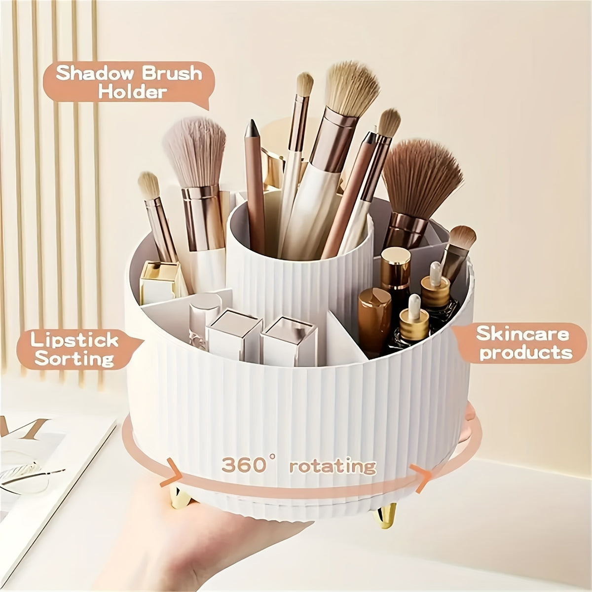 Rotating Makeup Organizer with Five Compartments, 360-Degree Plastic Cosmetic Brush and Lipstick Holder with Stripe Design for Vanity Storage and Desk Stationery