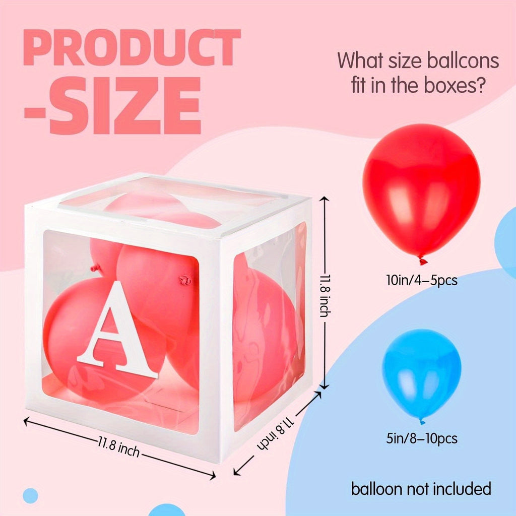 Transparent Balloon Boxes Set of 4 in White with Four Letter Pieces for Baby Shower Styling, Gender Reveal Celebrations, Birthday Parties and Event Decorations