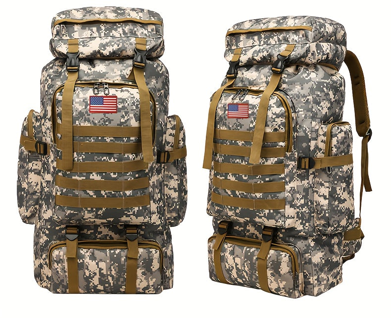 Hiking Backpack with Listed Flag Patch and Large-Capacity Rucksack Design, Seven Solid Color and Camouflage Options for Camping Gear and Outdoor Travel