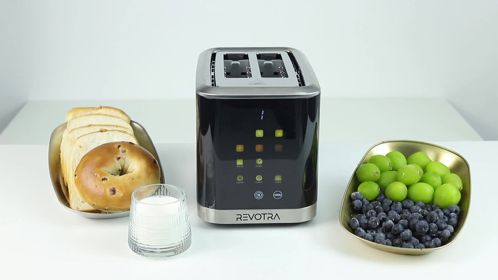 LED Display Breakfast Toaster in Black with Stainless Steel Construction, Wide Slots, Six Toasting Levels, Defrost, Heat and Cancel Functions and Crumb Tray