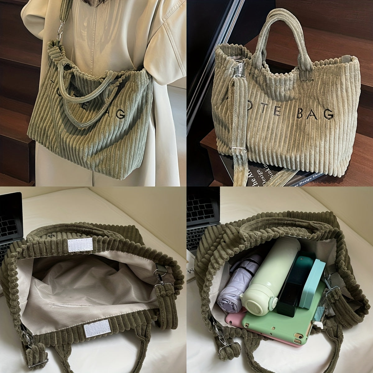 Letter Pattern Corduroy Tote Bag for Women with Adjustable Shoulder Strap and Listed Color-Block Design, Beige, Black, Green or Pink for Work, Shopping and Casual Outings