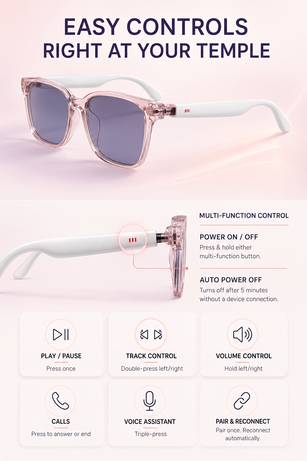 Voice and Video Translation Smart Glasses, Listed 160+ Language AI Audio Eyewear with Built-In Microphones and Speakers for Calls, Travel and Work