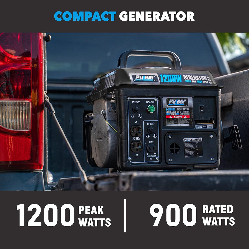 Gas-Powered Portable Generator by Pulsar with Carrying Handle, Listed 1200 Peak and 900 Running Watts, Recoil Start and 120V Outlets for Outdoor Power