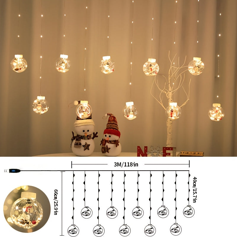 USB Christmas Curtain Lights with 8 Modes, 118.11-Inch Holiday Hanging Decor in Santa Claus, Snowman or Christmas Tree Styles for Seasonal Home Displays