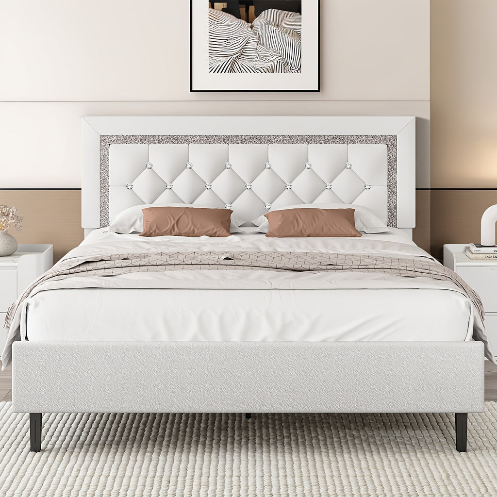 Princess Bed Frame with Diamond Headboard and Wooden Slat Support, Bedroom Furniture in White, Black or Pink with Twin, Full and Queen-1 Size Options