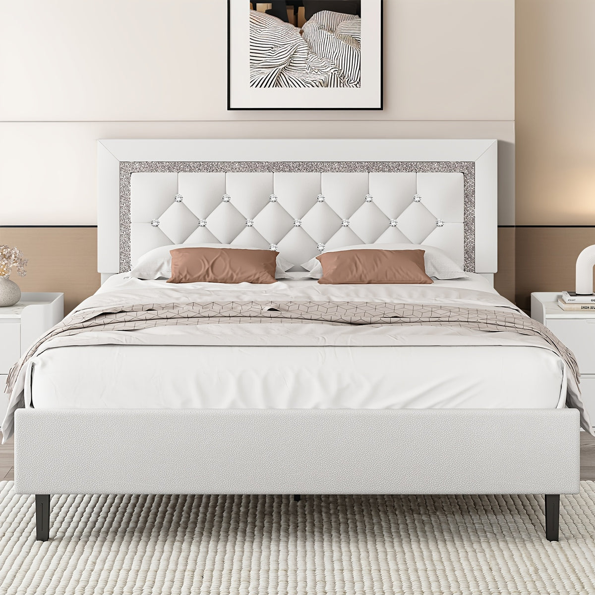 Princess Bed Frame with Diamond Headboard and Wooden Slat Support, Bedroom Furniture in White, Black or Pink with Twin, Full and Queen-1 Size Options