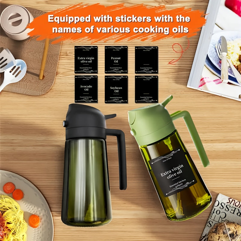 Glass Olive Oil Sprayer and Dispenser Set of 2, 2-in-1 Kitchen Bottles with Listed Automatic Flip Cap for Cooking and BBQ Prep, Random Olive Green or Clear Color