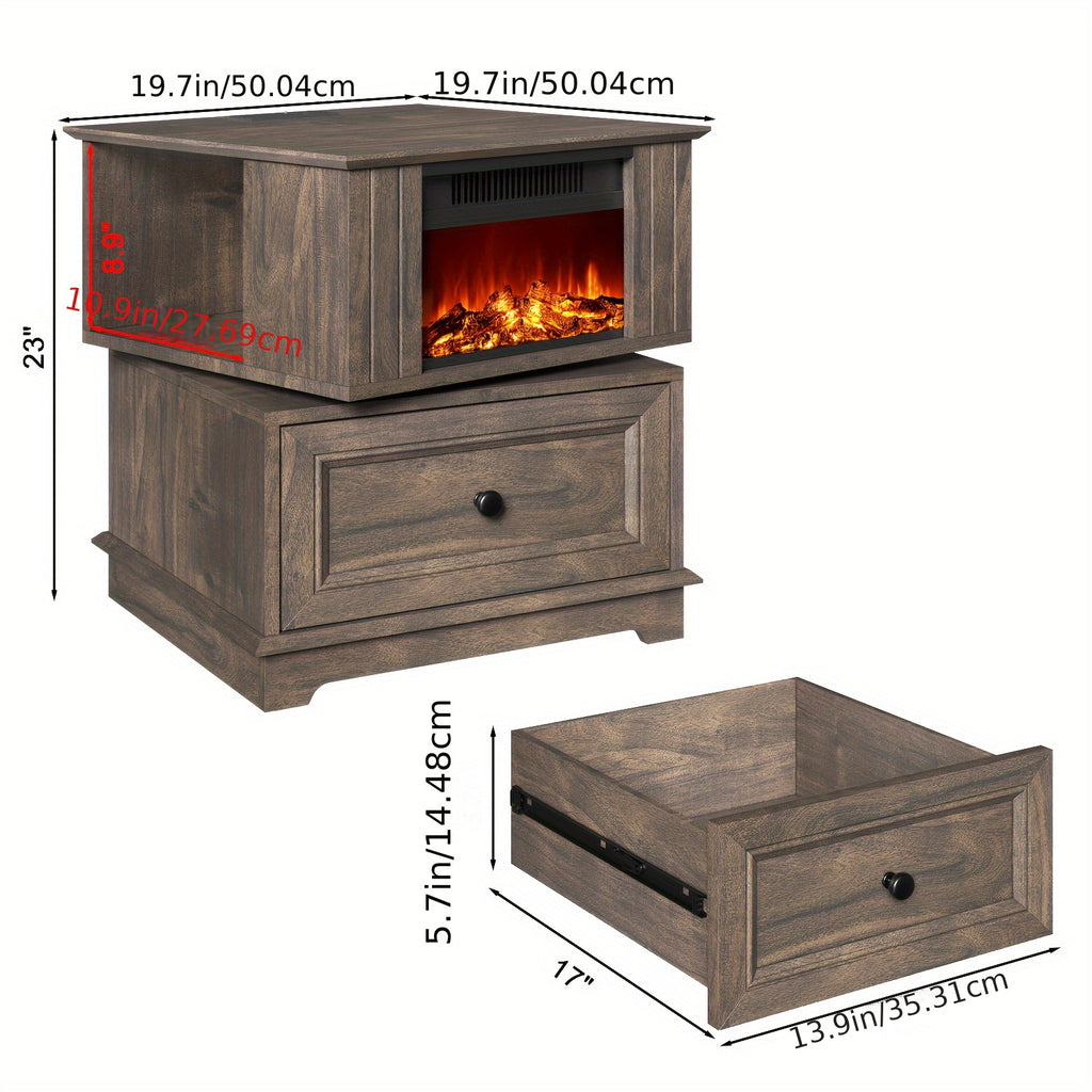 Electric Fireplace End Table with Listed 180-Degree Rotation and 13-Inch Screen, Storage and Charging Station, Six Finish Choices for Living Room Layouts