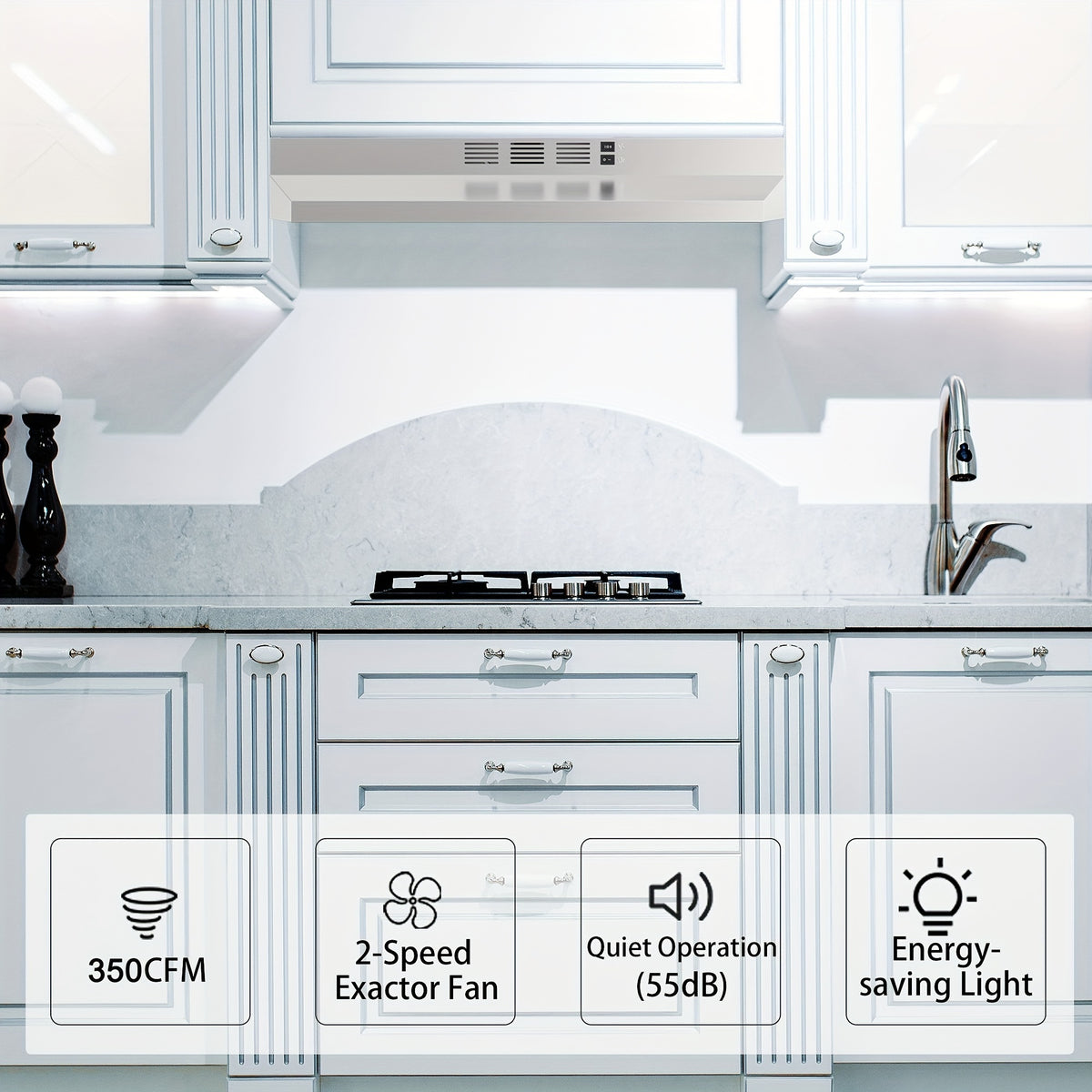 Convertible Kitchen Range Hood, 30-Inch Under Cabinet Vent with Ducted or Ductless Setup, LED Light and 2-Speed Fan in Black, White or Silvery