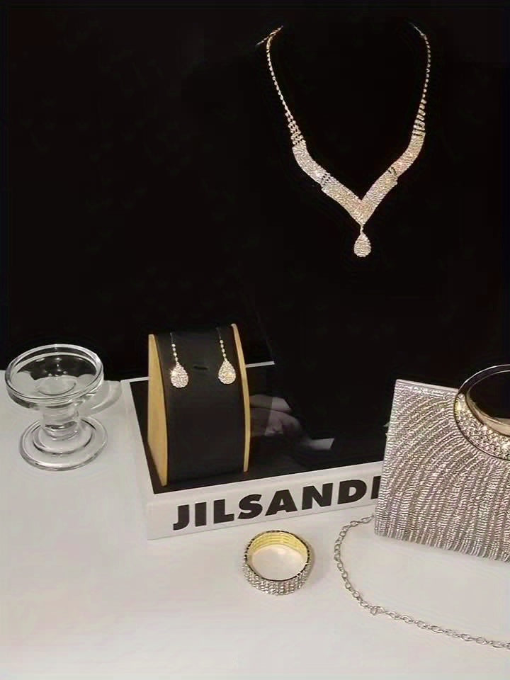Evening Bag and Jewelry Set for Women, 4-Piece Sparkling Striped Handbag with Necklace, Earrings and Bracelet for Weddings, Bridesmaids and Formal Parties
