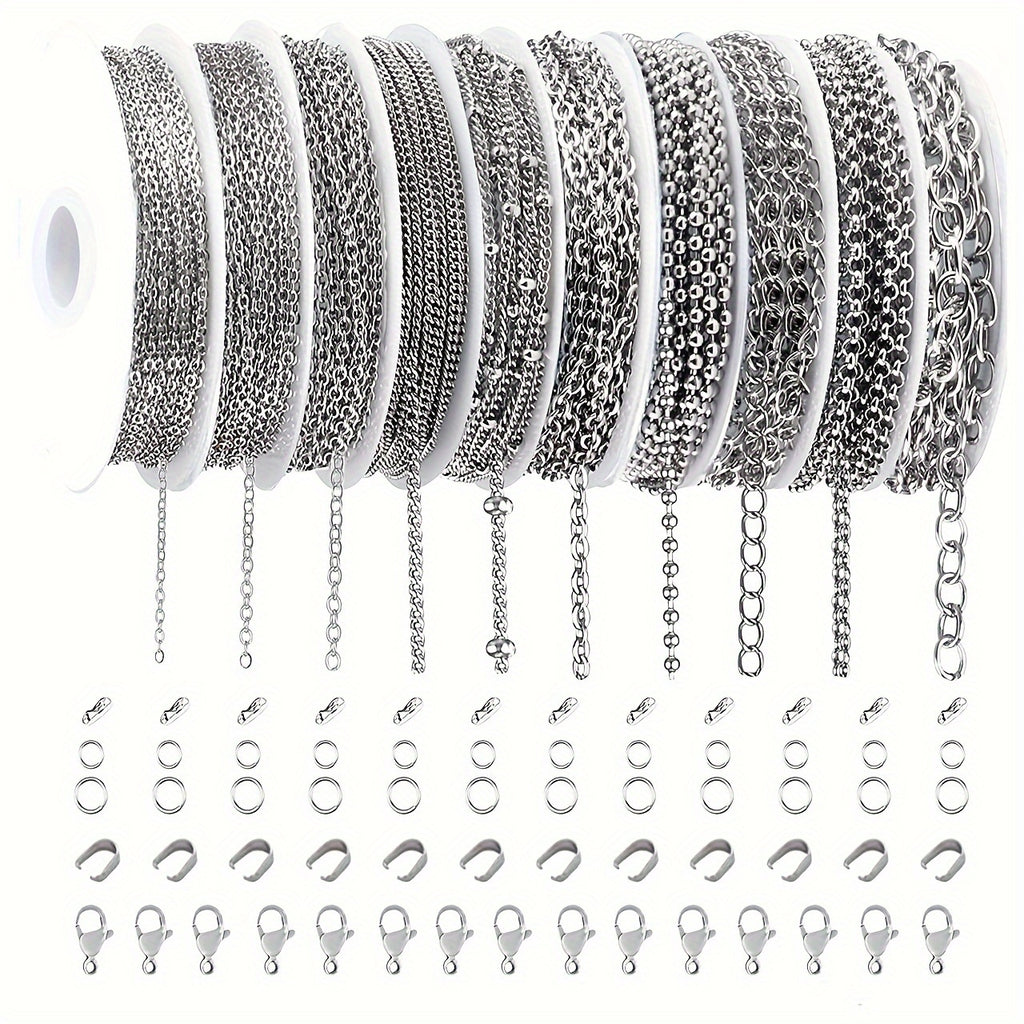 Stainless Steel Jewelry Chain Making Kit, 304 Chain Rolls with 10- or 15-Roll Options for DIY Bracelets, Necklaces, Anklets and Handmade Gifts