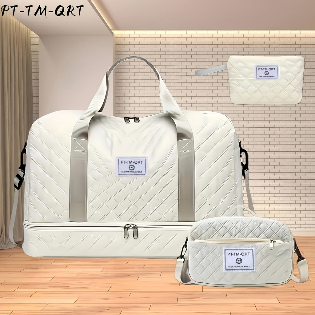 Quilted Travel Tote Bag Set with Detachable Crossbody Strap and Compartment Storage, Woven Fabric Handbag for Gym and Short Trips, 2 or 3-Piece Options