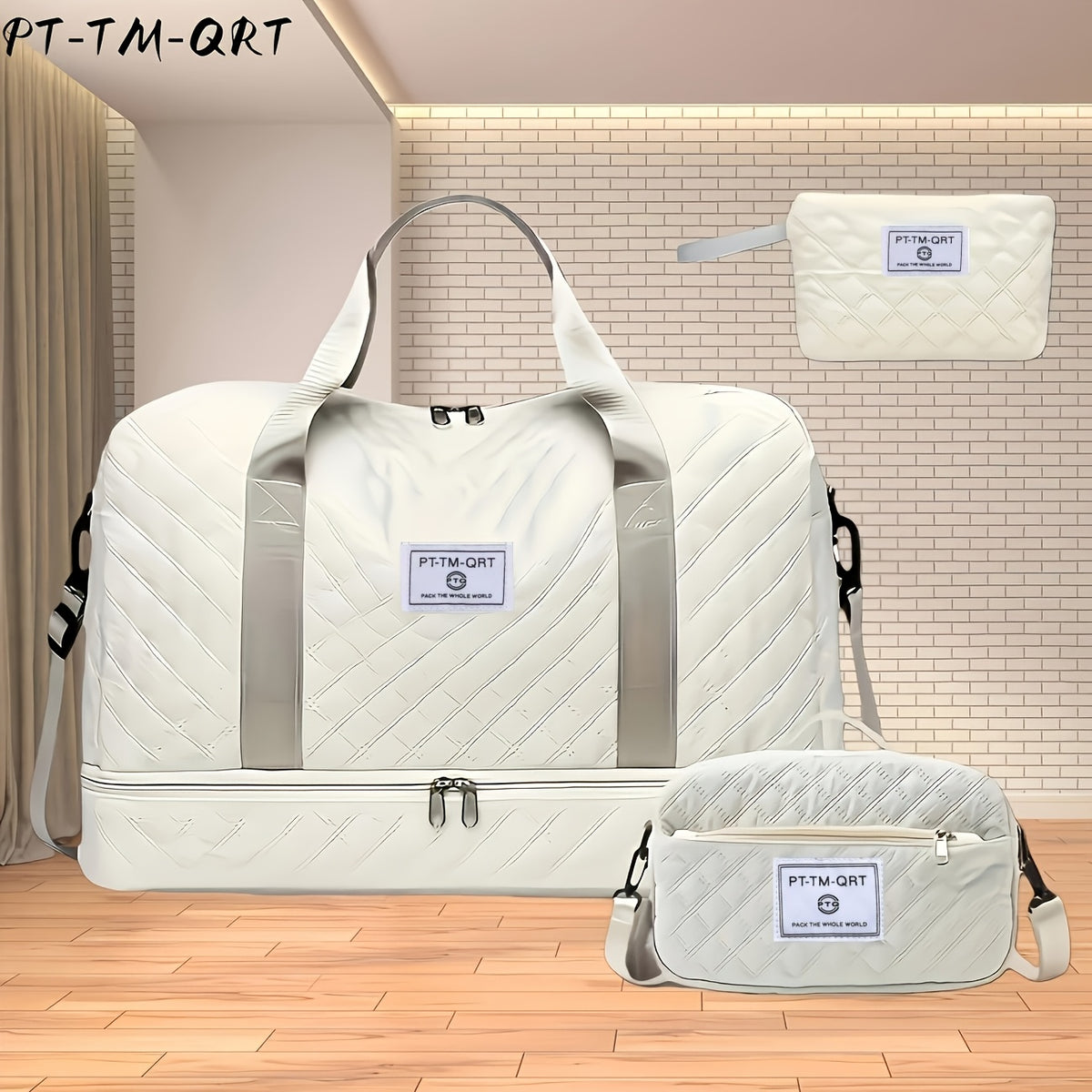 Quilted Travel Tote Bag Set with Detachable Crossbody Strap and Compartment Storage, Woven Fabric Handbag for Gym and Short Trips, 2 or 3-Piece Options