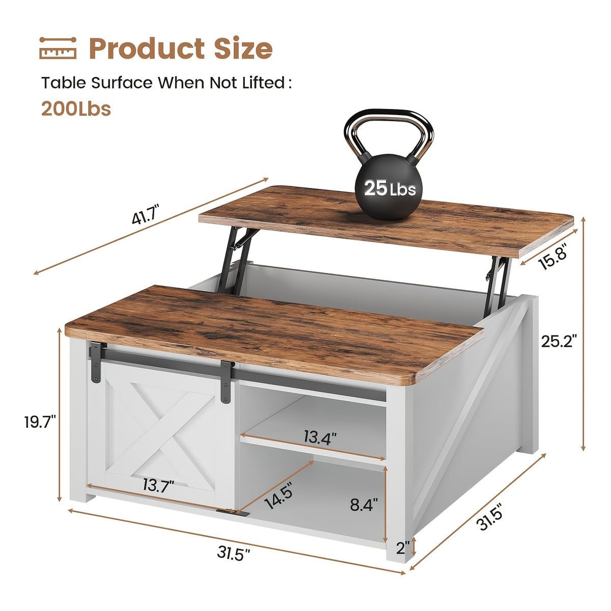 Lift Top Coffee Table with Storage, 31.5-Inch Square Farmhouse Design with Sliding Barn Door, Gas Strut Lift and Adjustable Shelves for Living Rooms