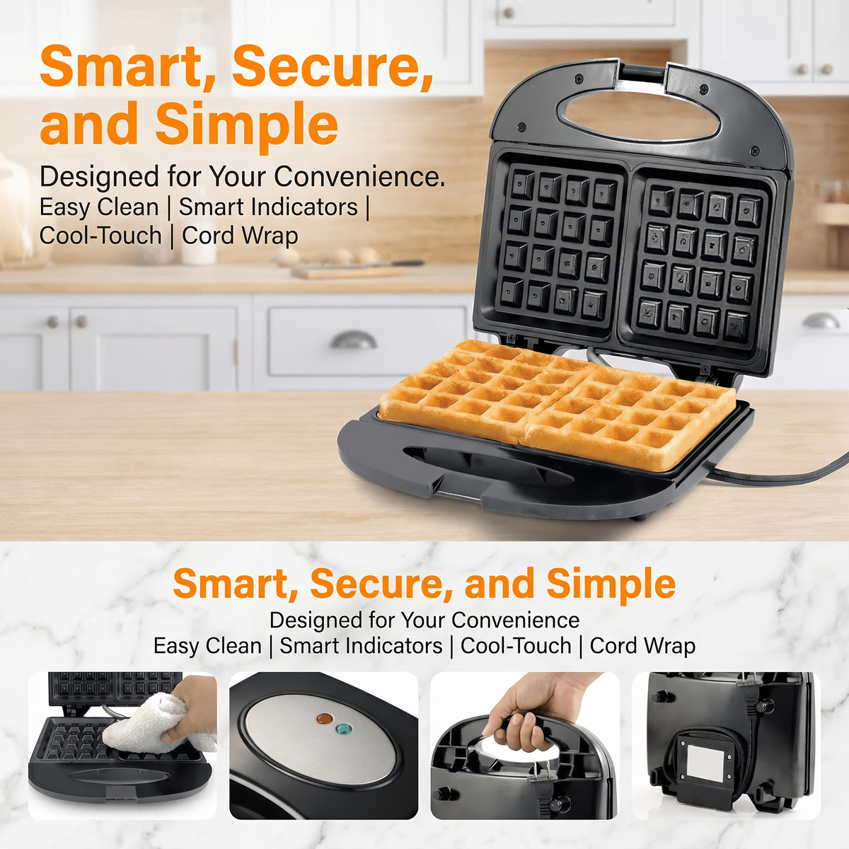 Belgian Waffle Maker by TESSLUX, 750W 2-Slice Nonstick Waffle Iron with Dual LED Indicators, Locking Handle and Upright Storage for Home Breakfasts
