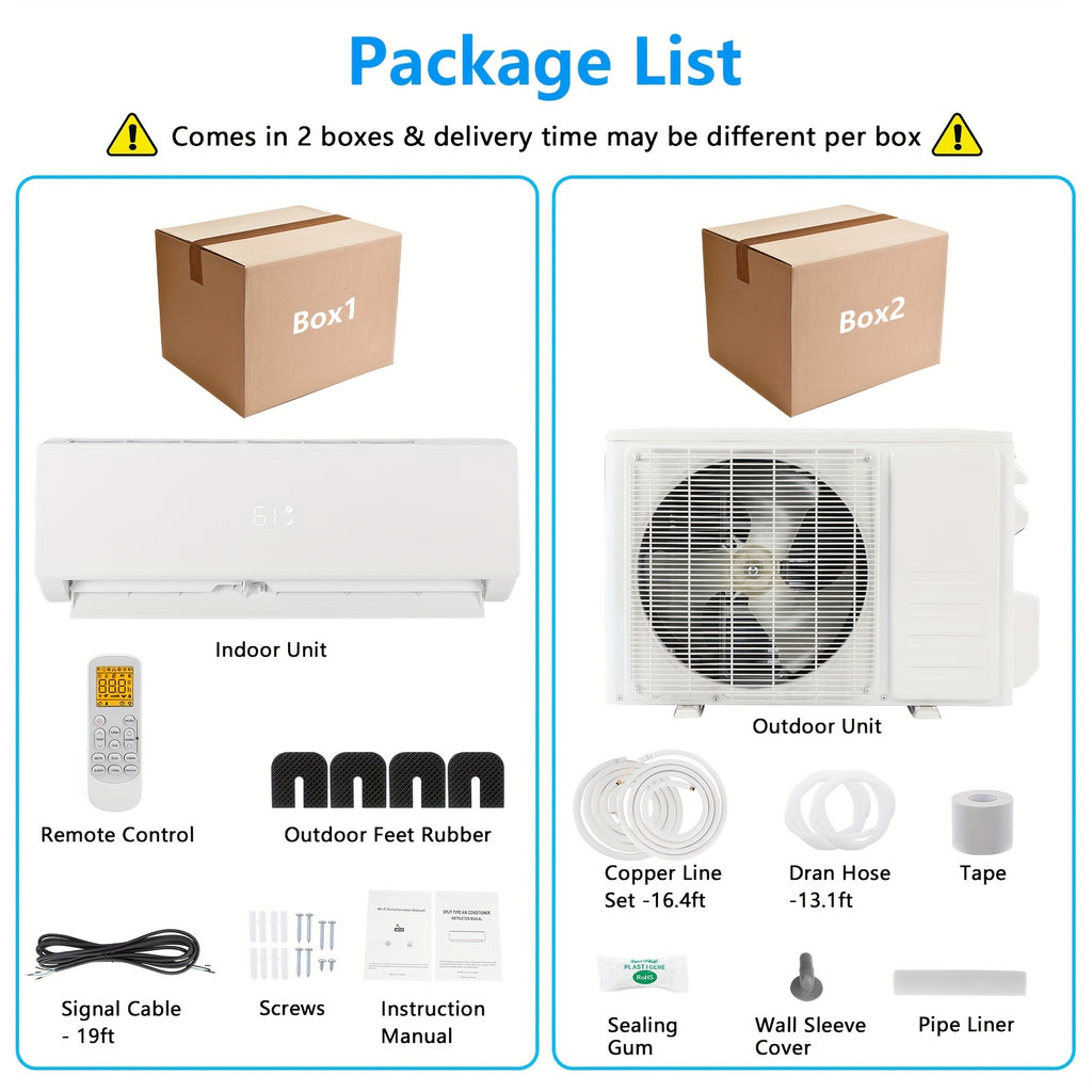 Ductless Mini Split Air Conditioner and Heat Pump, 11500 BTU WiFi Inverter System with Remote Control, Installation Kit and Washable Filter