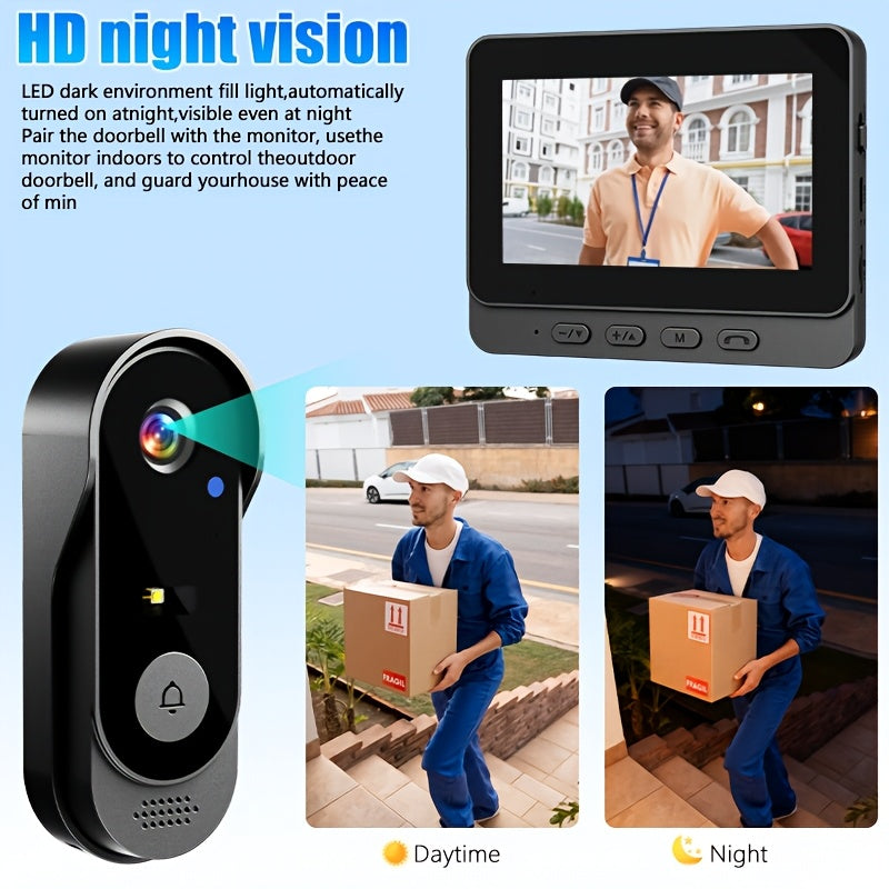 Wireless Video Doorbell Set with Listed 4.3-Inch Display, No-WiFi No-App Connection, Two-Way Intercom and SD Card Support for Home Visitor Viewing
