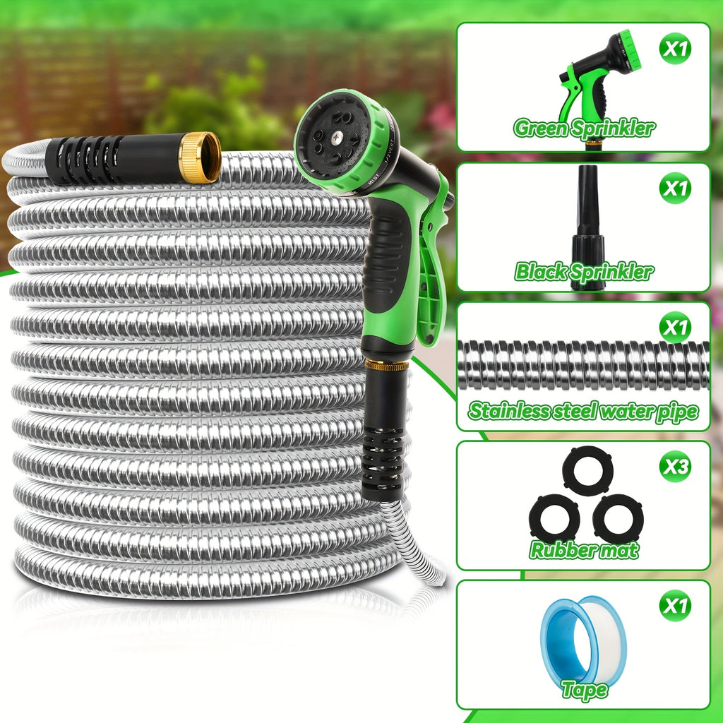 Metal Outdoor Watering Hose with Listed Stainless Steel Design, 50ft or 100ft Options and Ambiguous Three-Fitting and Ten-Function Nozzle Wording for Garden Care