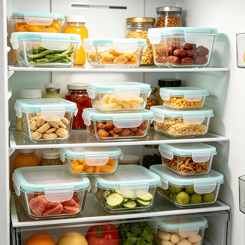 Glass Meal Prep Containers with Four-Lock Lids and Removable Silicone Seals, Listed 16-Piece Set of 8 Boxes and 8 Lids for Lunch Portions and Leftover Storage