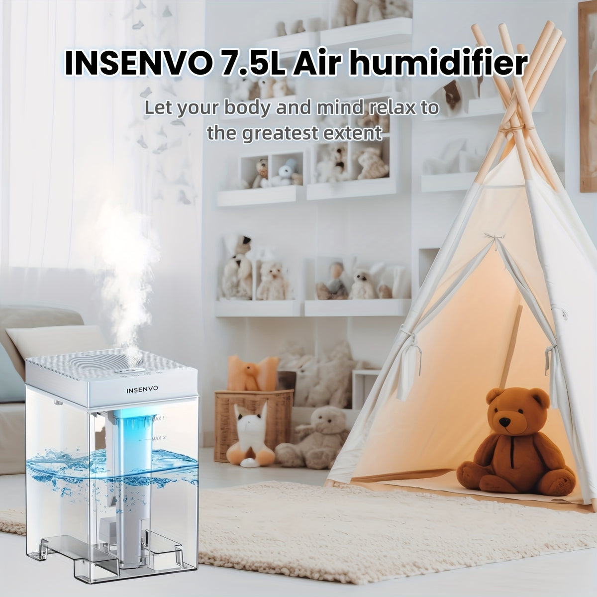 Room Humidifier with Three Mist Settings, Timer and Ambient Lighting, Gray and White Detachable Design for Bedroom, Living Room and Office Moisture Control