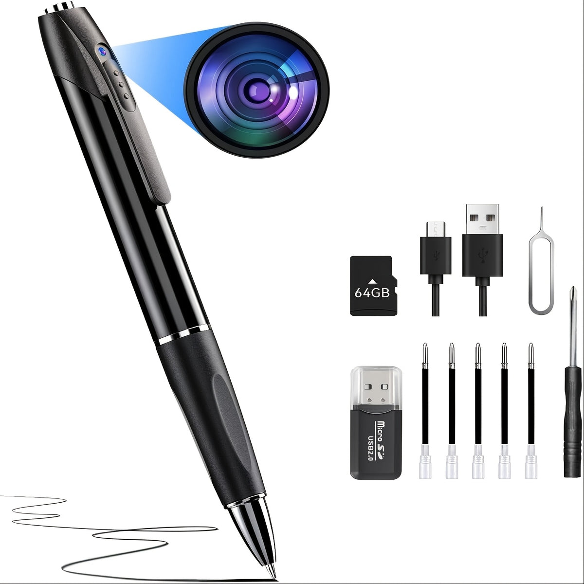 1080P Pen Camera with Rechargeable 350mAh Battery, One-Button Power and Loop Recording, No-WiFi Portable Video Recorder with 64GB Card or No-Card Options