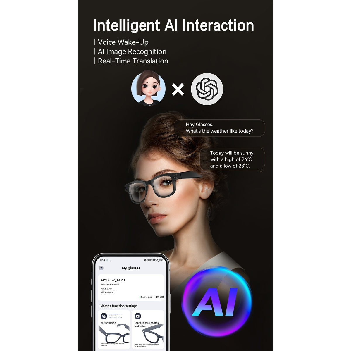 8MP Camera Smart Glasses with Three Pairs of Lenses, Black Touch-Control Eyewear with HD Video, Translation, Bluetooth Calls and Music