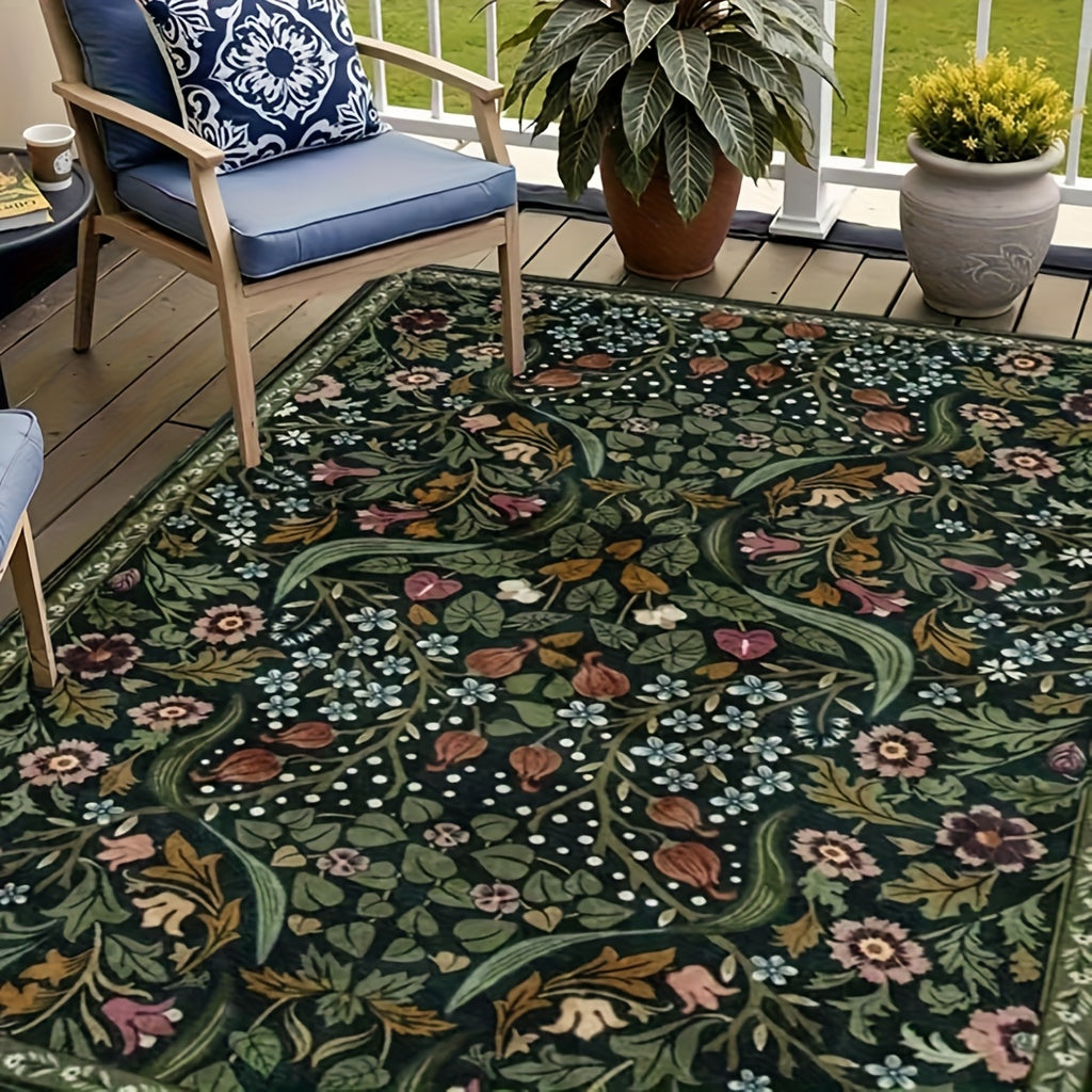 Bohemian Floral Floor Mat with Listed Golden Diamond Pattern and Soft Polyester Material, Three Size Options for Patio, RV, Camping and Indoor Decor Planning