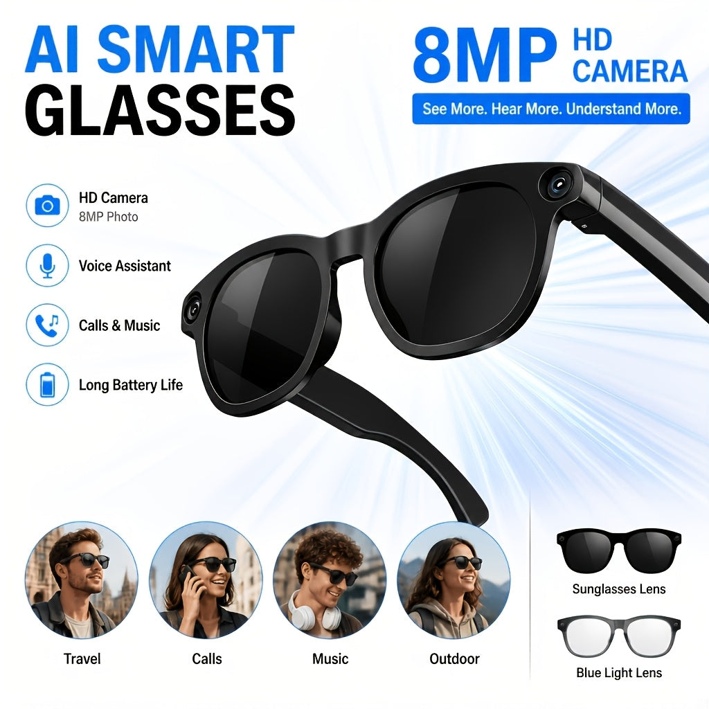 Black Smart Camera Glasses with Listed 8MP Photos, 1080P Video, Photochromic Lenses, Dual Speakers and 260mAh Type-C Charging for Travel and Office Use