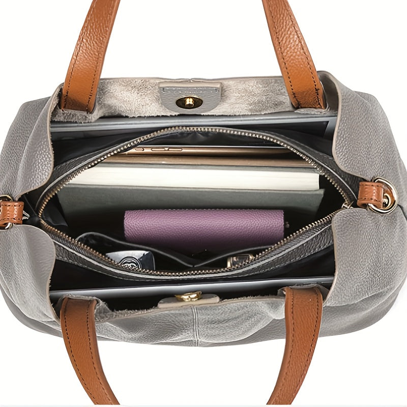 Wrist Strap Tote Handbag for Women with Listed Cowhide Leather and Crossbody Carry Styling, Five Color Options for Daily Outings and Travel Wardrobes