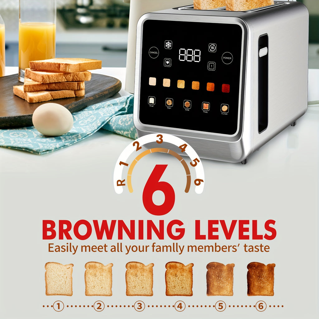Seven-Shade Touchscreen Two-Slice Toaster with Listed Five Bread Selections, 1.5-Inch Slots, Bagel, Defrost, Cancel and Reheat Functions, Stainless Steel Options