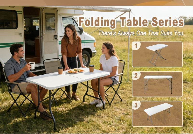 Portable Folding Utility Table with Plastic Top, Carrying Handle and Locking Design, Multiple Model Options for Camping, Picnics and Indoor Outdoor Parties