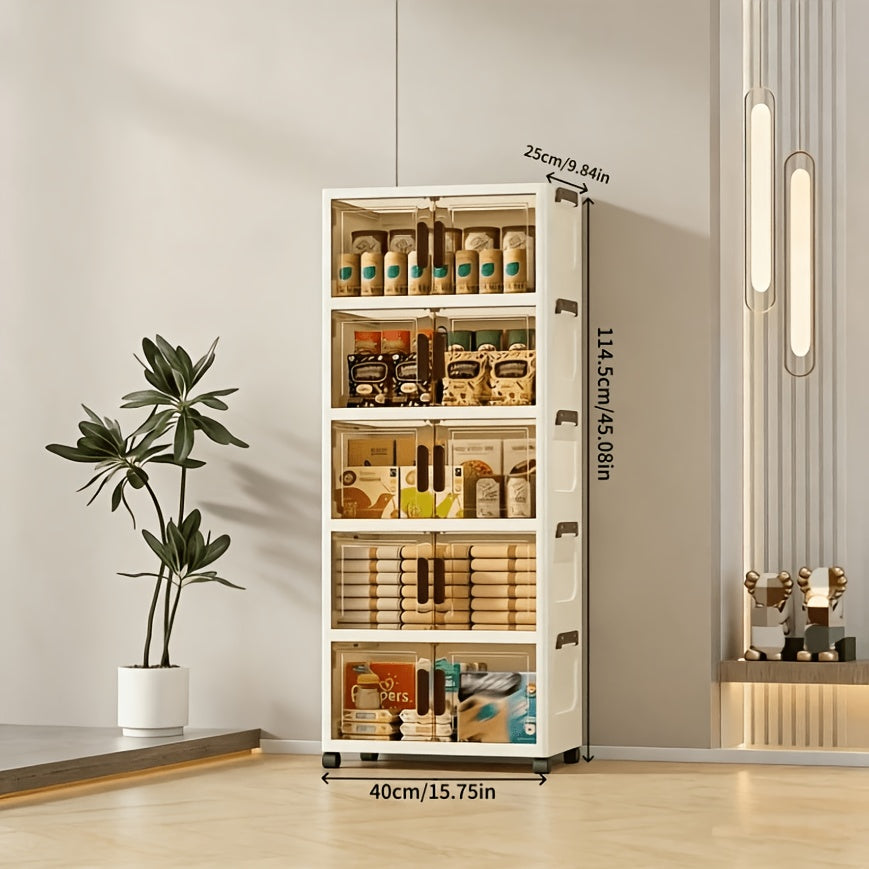 Foldable Plastic Storage Cabinet with Wheels and Transparent Organizer References, White 3pcs, 4pcs or 5pcs Models for Bedroom and Living Room Organization