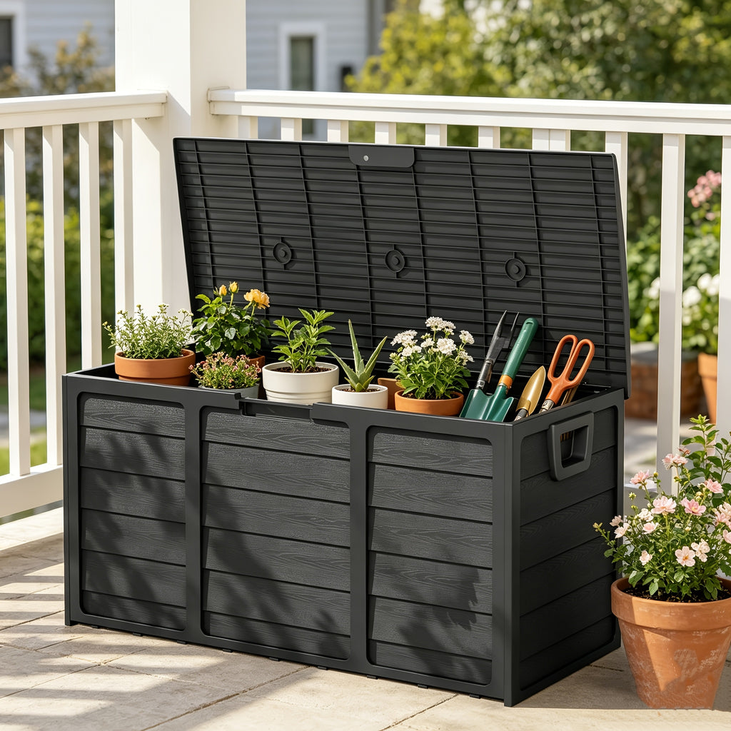 Resin Deck Box with 75-Gallon Capacity and Handles, Gray or Pure Black Outdoor Storage Container for Compatible Patio, Garden and Poolside Essentials
