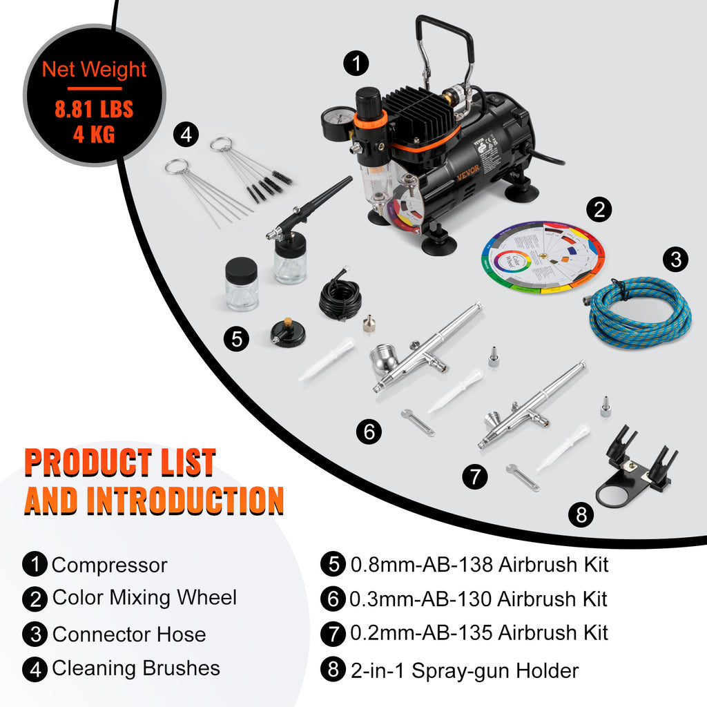 Compressor Airbrush Kit by VEVOR with Listed Dual-Action Gravity Feed Brushes, 0.2, 0.3 and 0.8mm Sizes and 120V 120W Power for Compatible Art and Model Painting