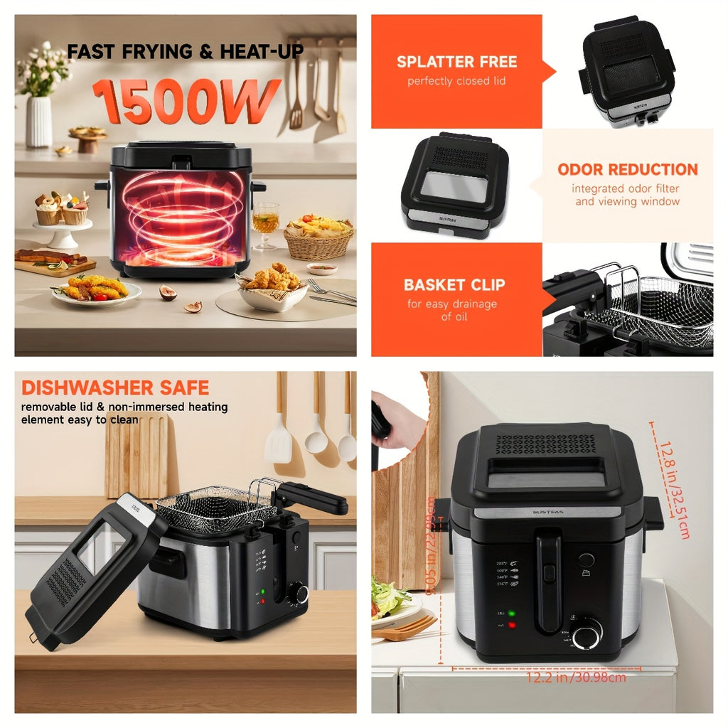 Electric Deep Fryer with Basket, 1500W Countertop Fryer, Adjustable Temperature Control, Viewing Window Lid, Non-Stick Detachable Parts, Easy Clean, 1.5L to 5L Sizes, Father's Day Gift