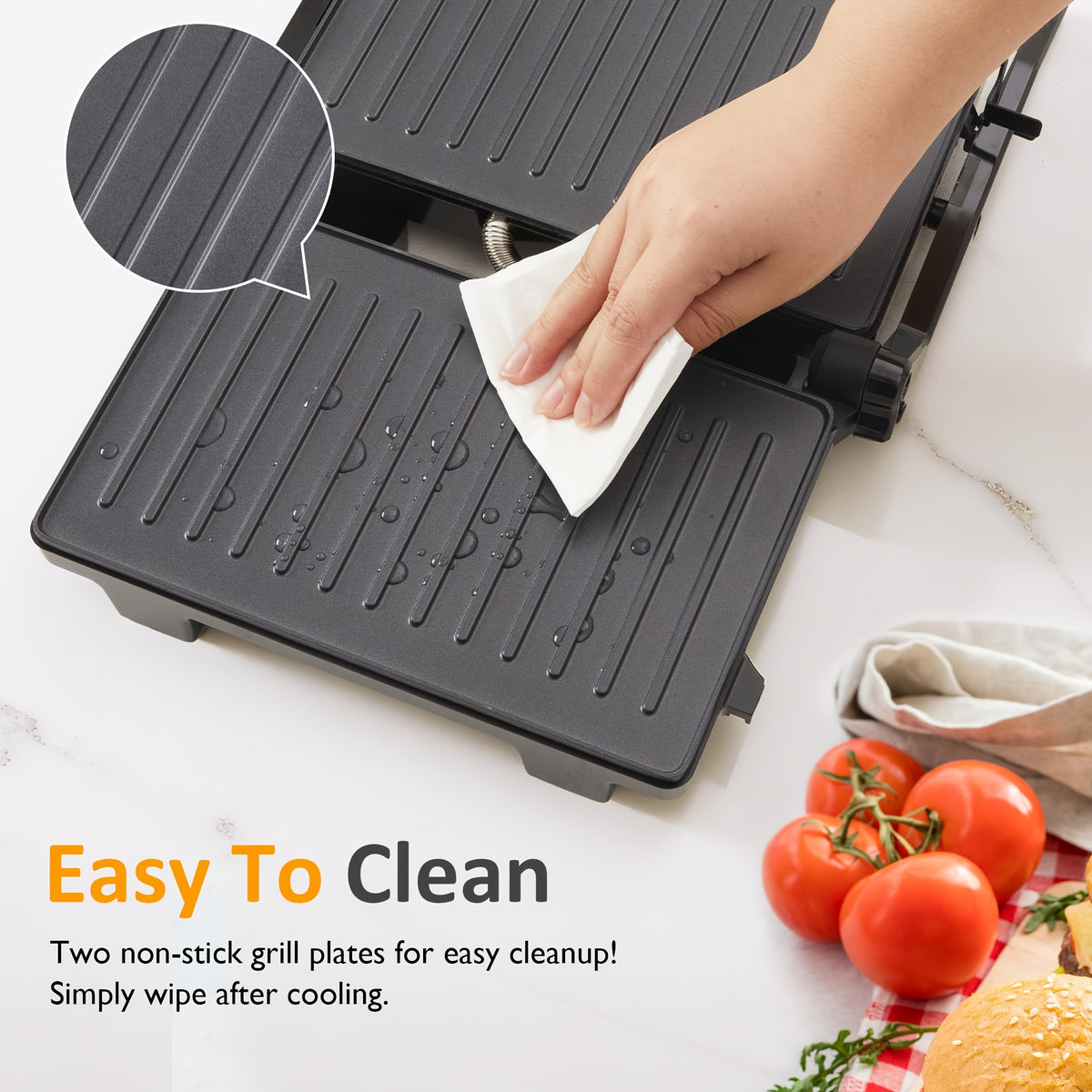 Silvery Panini Press Grill and Sandwich Maker with Listed 1000W Power, Nonstick Plates, Drip Tray, Floating Hinge and 180-Degree Opening for Home Cooking