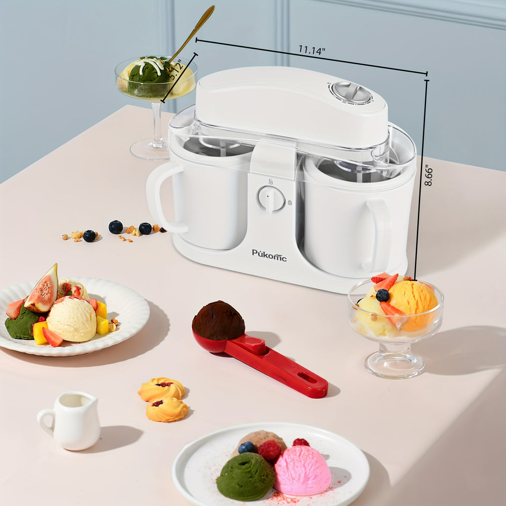 Automatic Ice Cream Maker for Home, Two-Cup Design Makes Two Flavors of Ice Cream, Sorbet and Frozen Yogurt at Once, Healthy Ingredients Control, Easy-Clean Separated Cups, Summer Dessert Machine for Kids Parties and Family