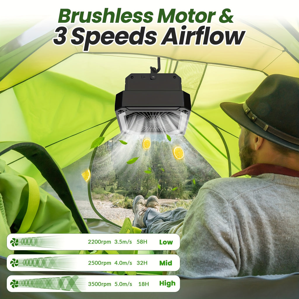 Six-Speed Camping Fan with Light and Digital Display, Listed 10000mAh Rechargeable Battery and 120° Oscillation for Tent Airflow in Orange, Black or Green