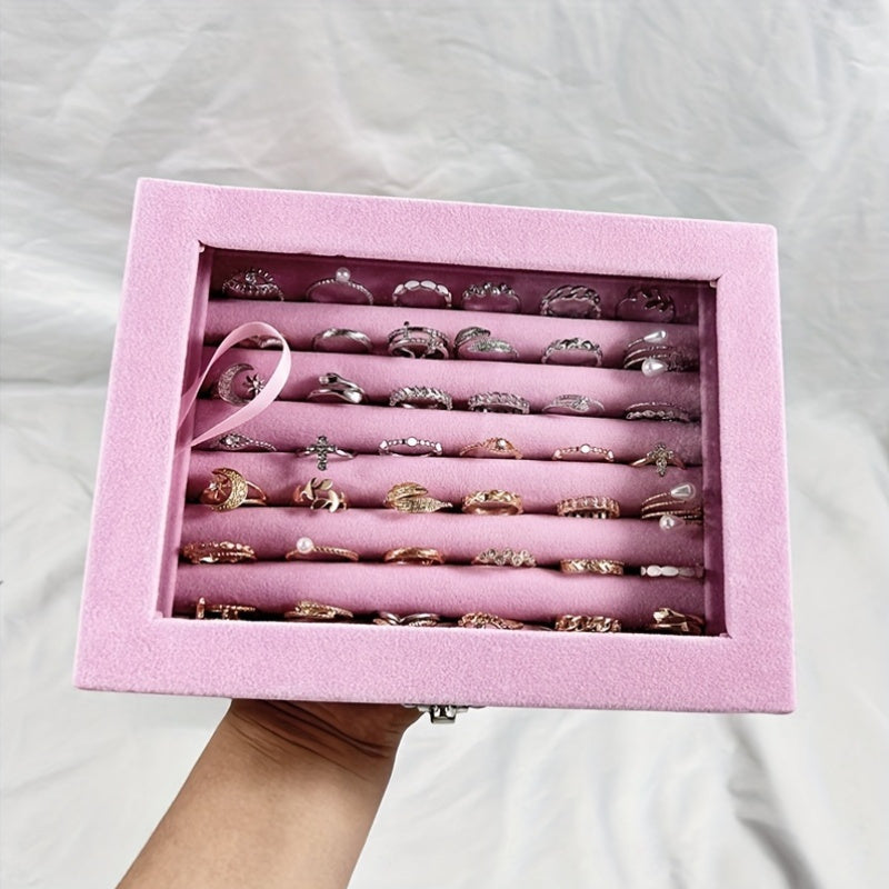 49-Ring Jewelry Storage Box with Glass-Like Plastic Lid and Buckle Closure, Rectangular Ring and Earring Organizer in Gray, Pink, White or Black for Dressers