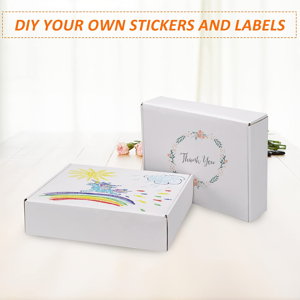 Corrugated Cardboard Mailer Boxes 20-Pack with Listed Thank You Stickers, White or Brown Folding Shipping Box Options for Small Business and Gift Packaging