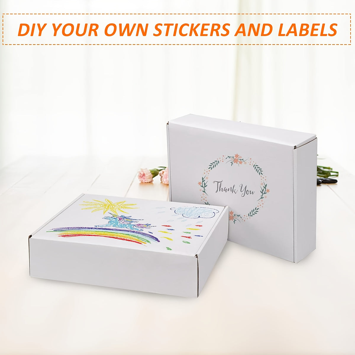 Corrugated Cardboard Mailer Boxes 20-Pack with Listed Thank You Stickers, White or Brown Folding Shipping Box Options for Small Business and Gift Packaging