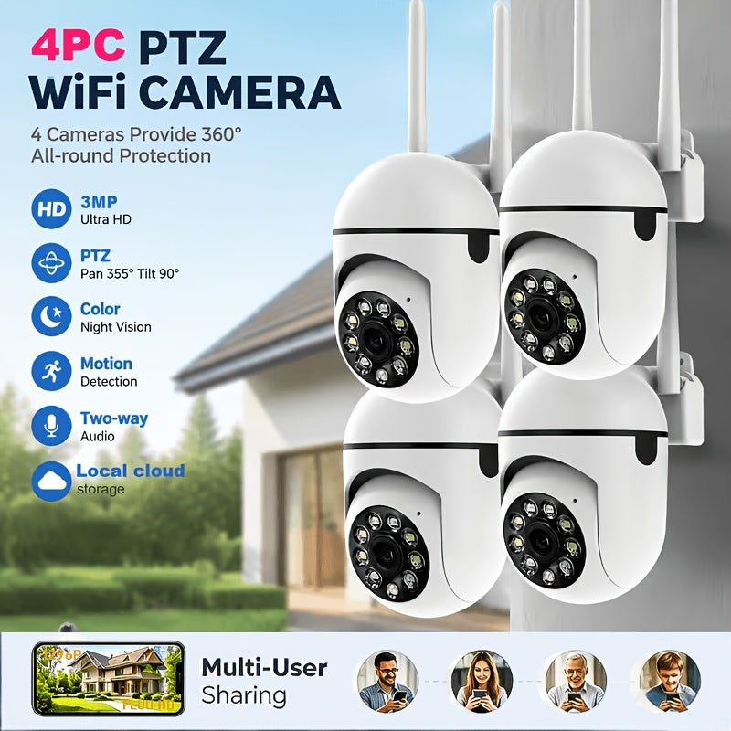 Motion-Tracking Indoor Camera 4-Pack with Listed 3MP Video, 2.4GHz Single-Band WiFi, Pan-Tilt Design, Full-Color Night Vision, Auto Alerts and Two-Way Audio