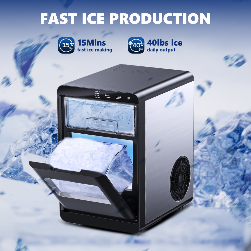 Lighted Countertop Nugget Ice Maker with Automatic Cleaning, Listed Black 37lb or Sliver 44lb Option Labels, Ice Scoop and Basket for Home Kitchen Drinks