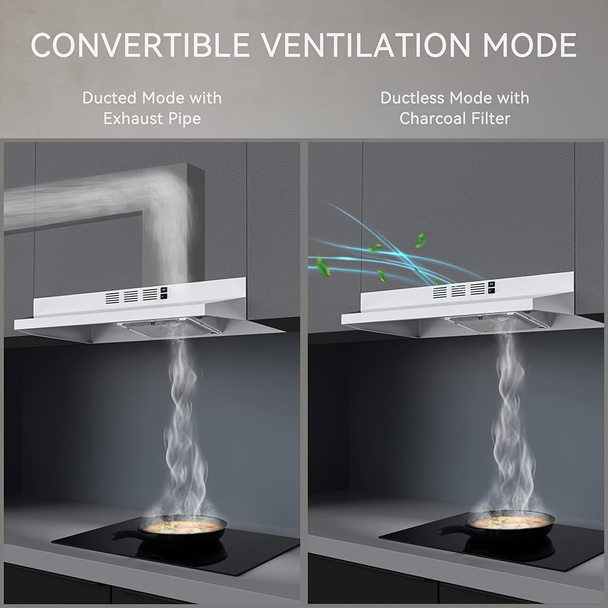 Convertible Kitchen Range Hood, 30-Inch Under Cabinet Vent with Ducted or Ductless Setup, LED Light and 2-Speed Fan in Black, White or Silvery