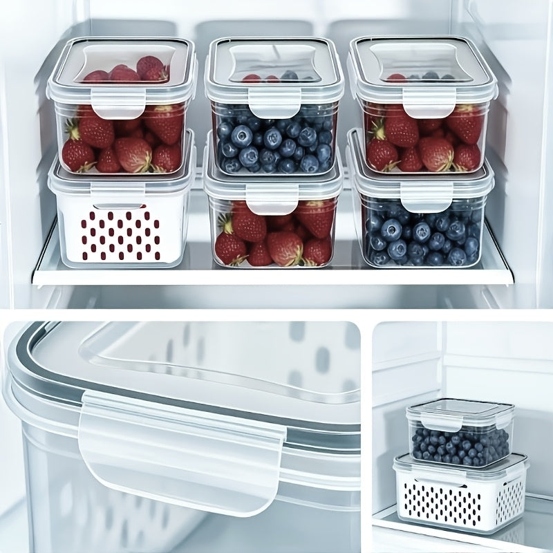 Fruit Storage Boxes with Removable Colanders, M+L Refrigerator Organizer Set in PP Plastic with Two Boxes and Two Drain Baskets, Four Pieces Total